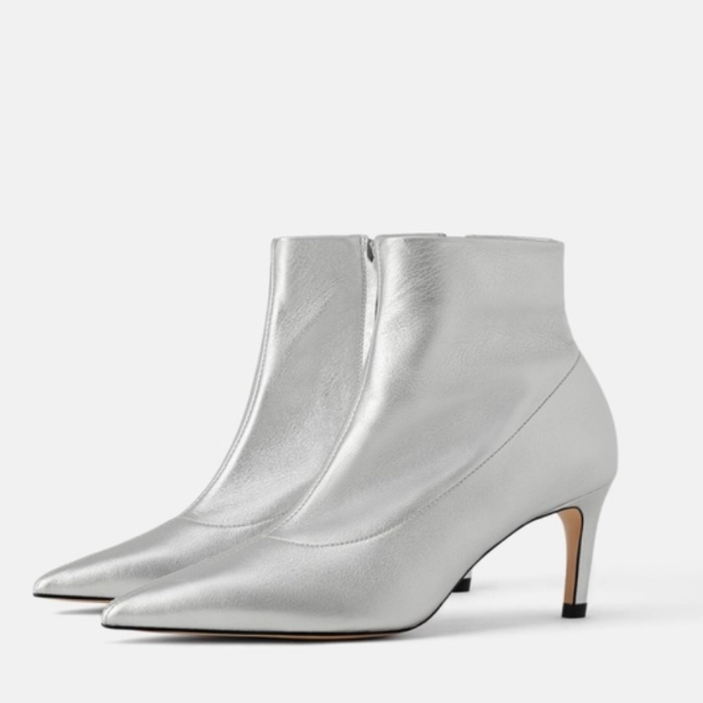 Zara Silver leather mid heel ankle boots US 7.5